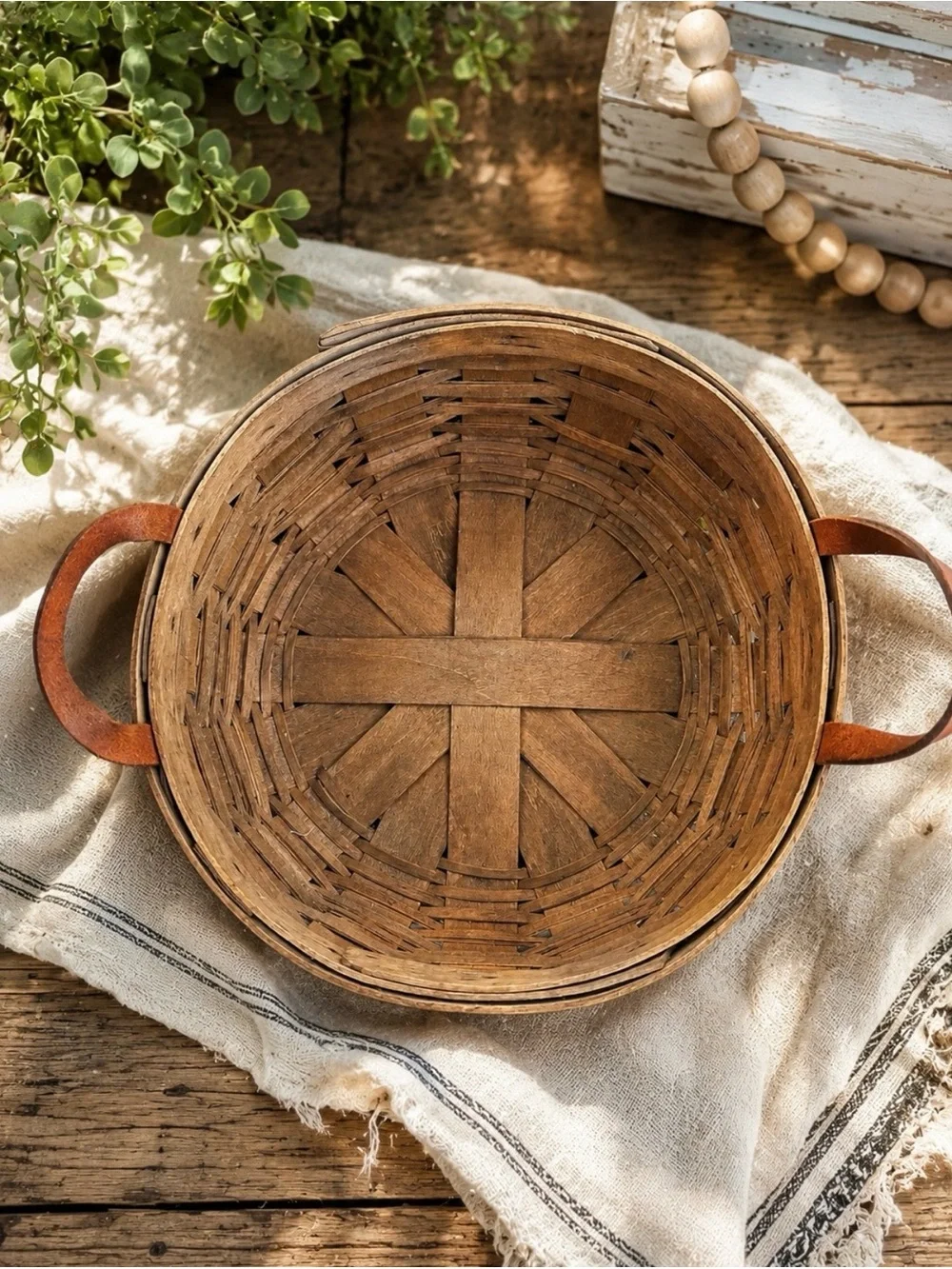Longaberger Brown Woven Round Basket with Branded Slat